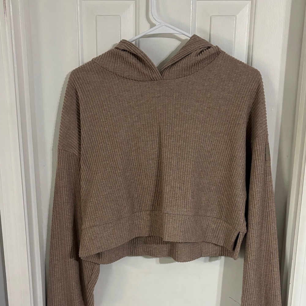 ALO Yoga Ribbed Cropped Hoodie in Taupe Beige